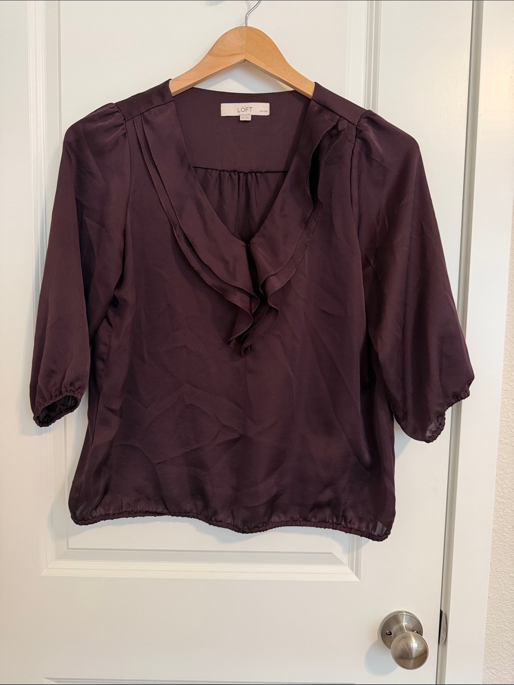 LOFT Deep Plum Ruffle V-Neck Blouse